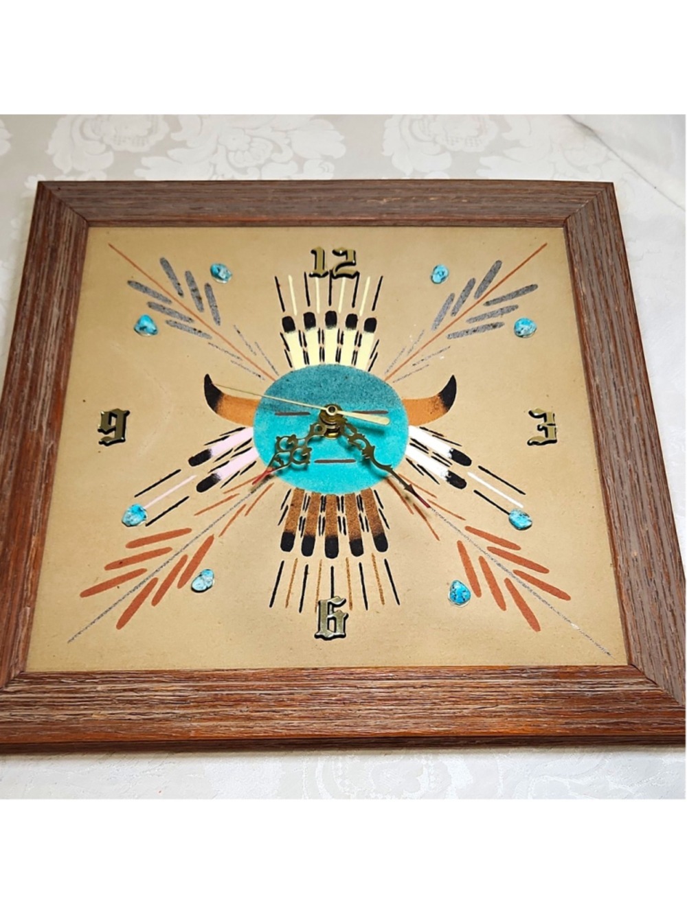 Vintage Navajo Sand Art Wall Clock Southwestern Turquoise Signed Tested Good